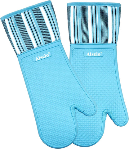 MEAL PREP BASICS Silicone Oven Mitts Heat Resistant 550 Degree | Extra Long Kitchen Gloves Pot Holders with Waterproof and Non-Slip | Baking Cooking Barbecue Microwave Machine Washable