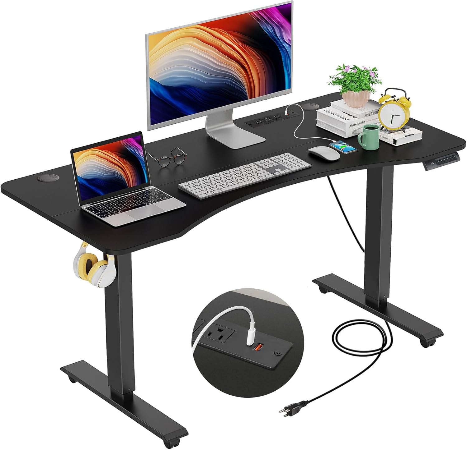 HAVE IT ALL Standing Desk Electric | Adjustable Height with Charging Station| Stand up Desk with Oversized Mouse Pad | Ergonomic Curved Workstation, 4 Caster | 4 Preset Heights Easy to Set Up