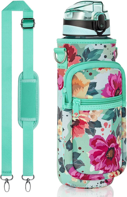 32 Oz Water Bottle with Sleeve - BPA Free Leakproof Sport Large 1L Plastic Motivational Water Bottle with Straw Strap & Insulated Neoprene Holder Carrier Bag 