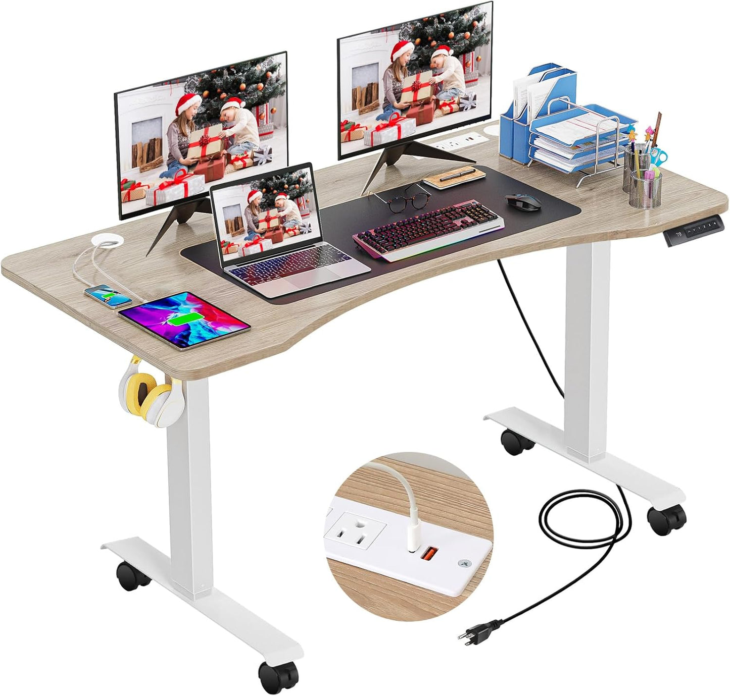 HAVE IT ALL Standing Desk Electric | Adjustable Height with Charging Station| Stand up Desk with Oversized Mouse Pad | Ergonomic Curved Workstation, 4 Caster | 4 Preset Heights Easy to Set Up