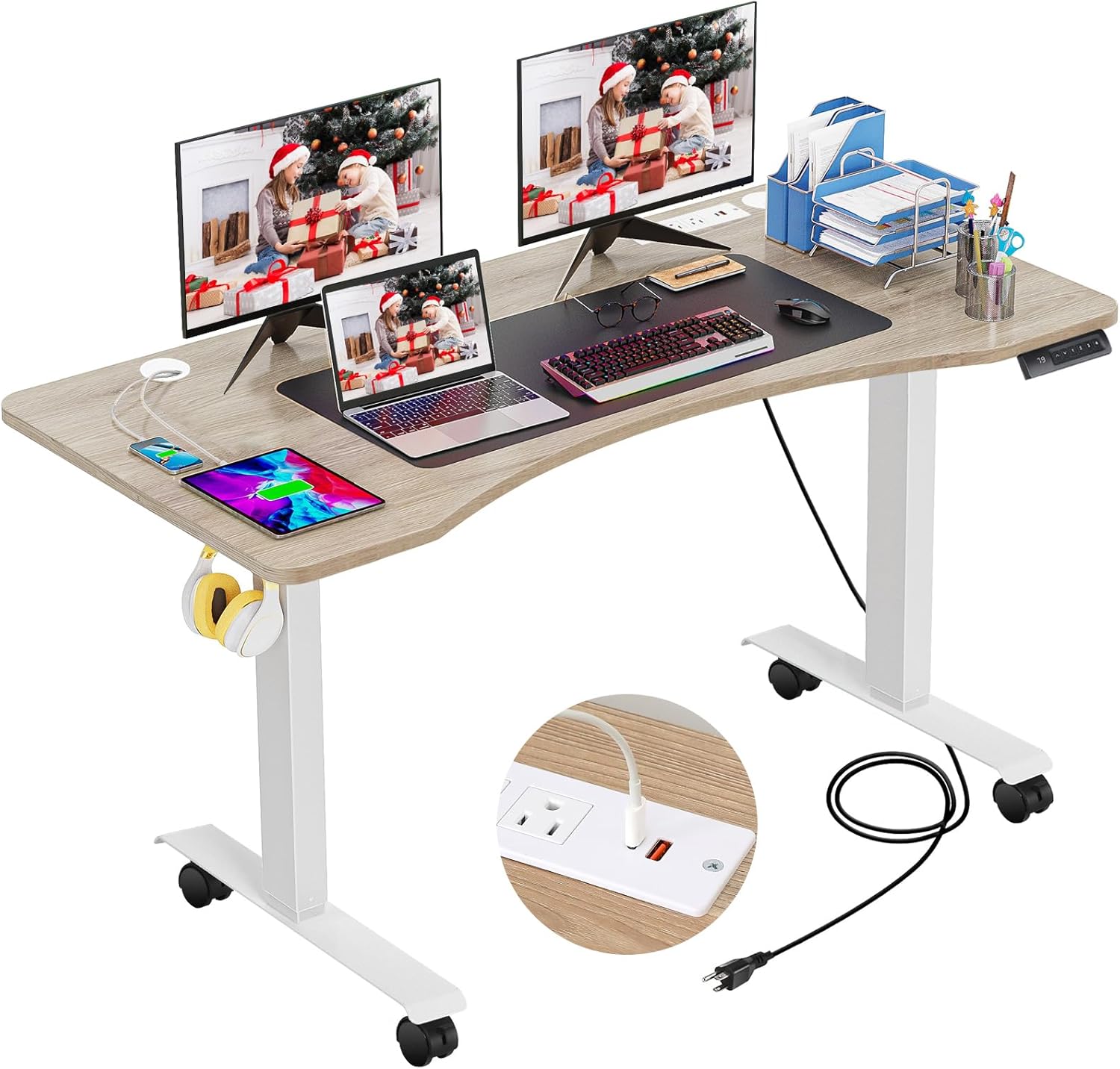 HAVE IT ALL Standing Desk Electric | Adjustable Height with Charging Station| Stand up Desk with Oversized Mouse Pad | Ergonomic Curved Workstation, 4 Caster | 4 Preset Heights Easy to Set Up