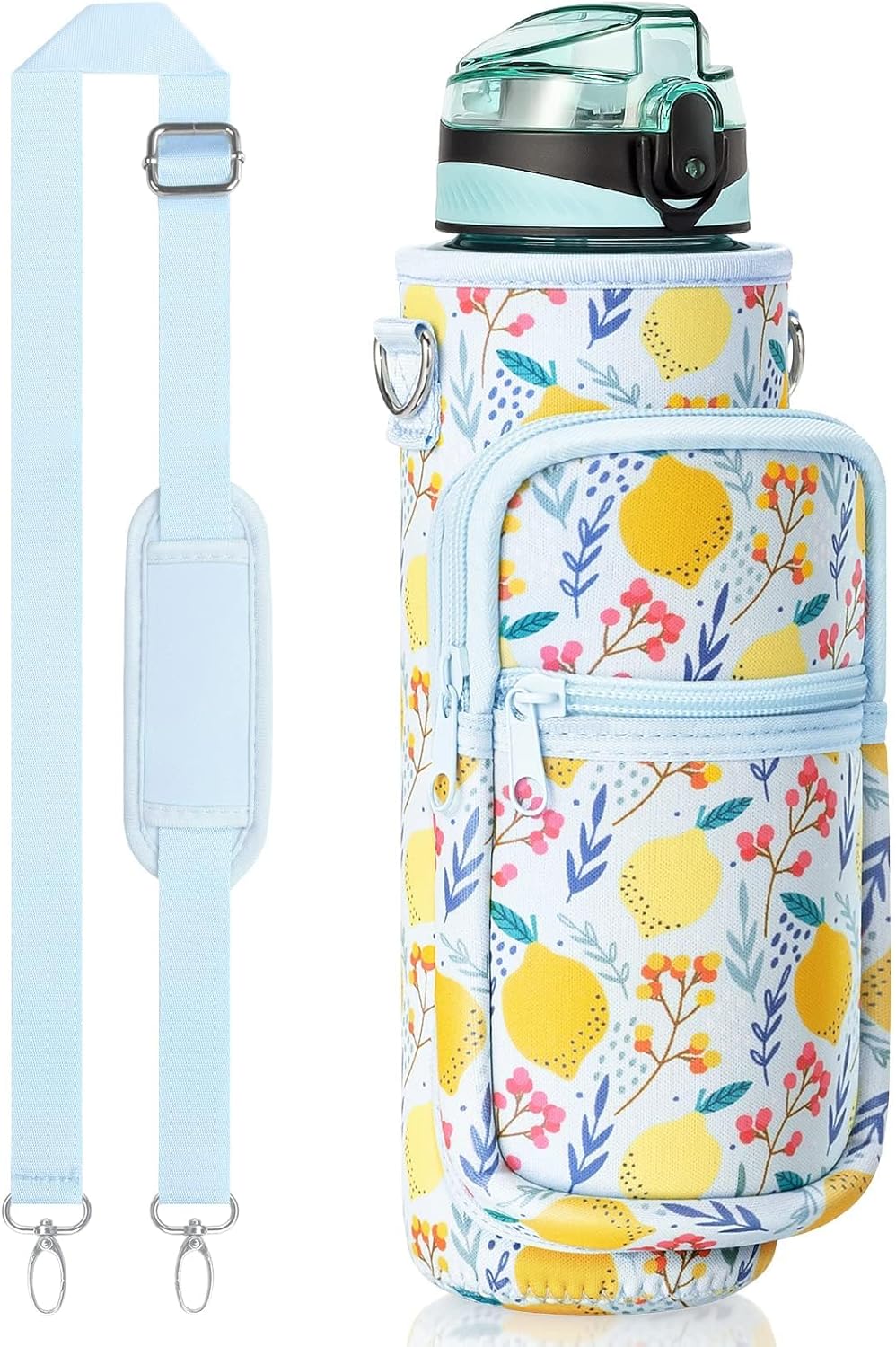 32 Oz Water Bottle with Sleeve - BPA Free Leakproof Sport Large 1L Plastic Motivational Water Bottle with Straw Strap & Insulated Neoprene Holder Carrier Bag 