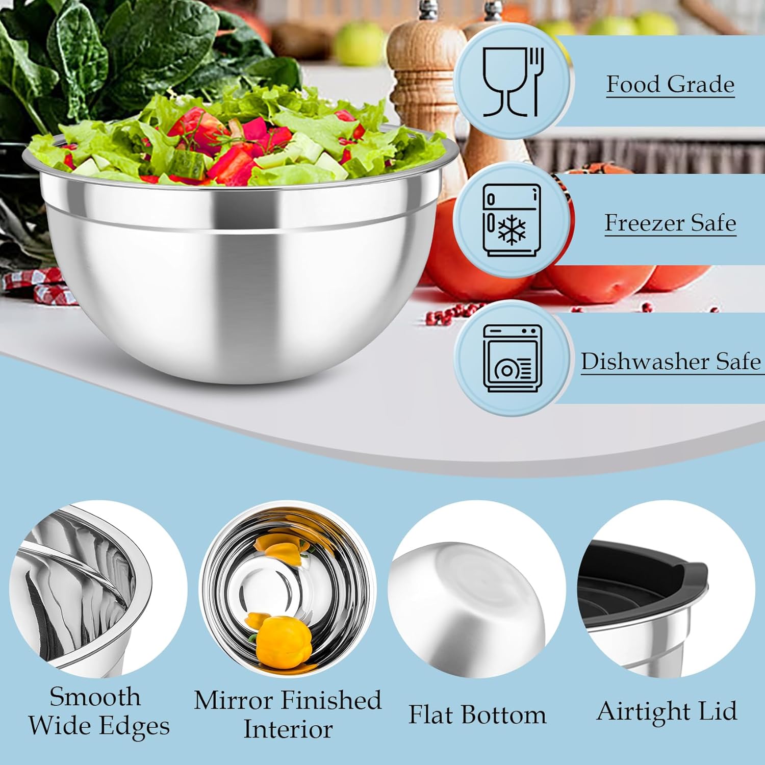 MEAL PREP PRO Mixing Bowls, Stainless Steel Nesting Salad Bowls with Lids Set of 3 & 3 Grater Attachments, for Mixing/Serving/Storing, Non-Toxic & Long-Lasting, Size 4.6/3 / 1.5 QT, Black