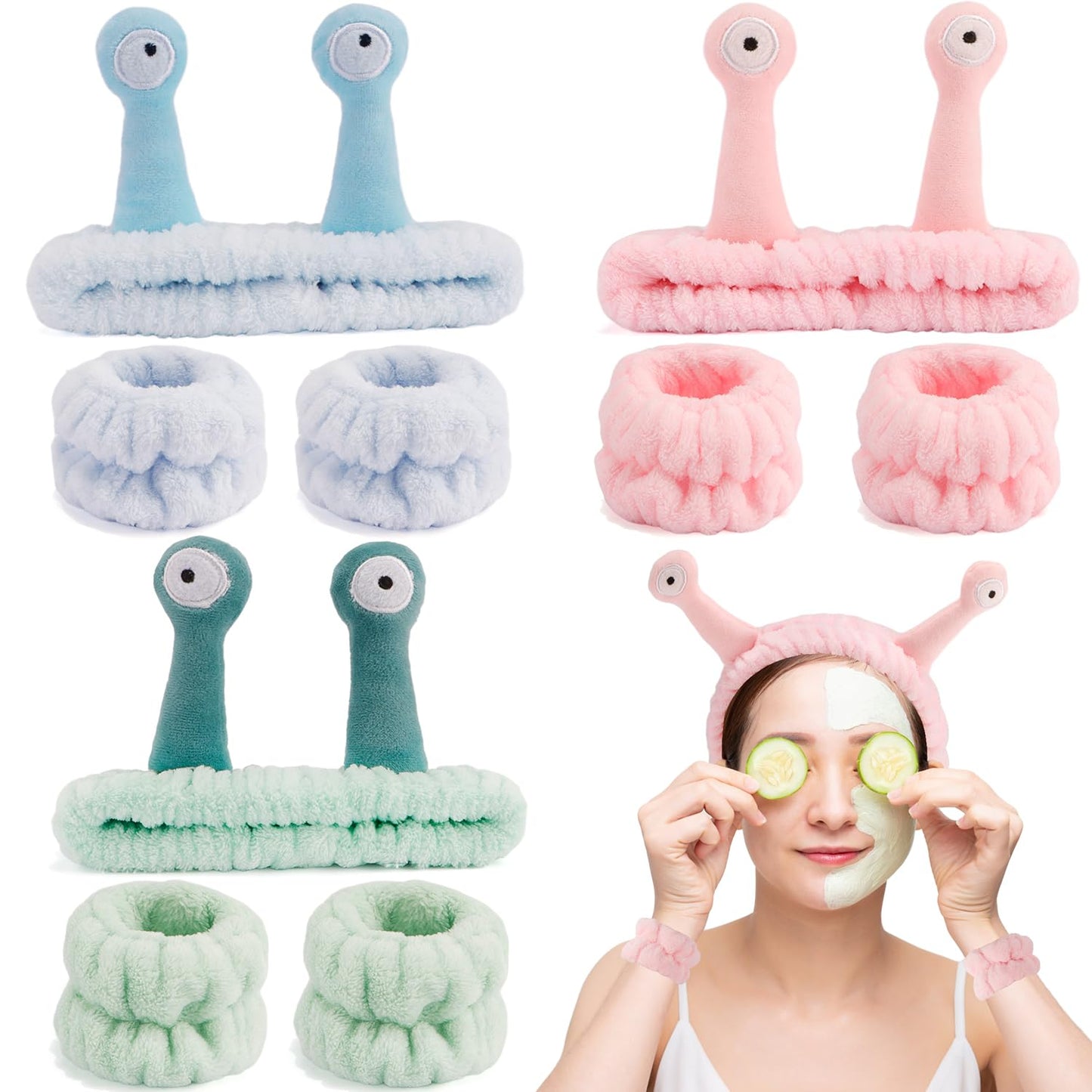 SENSORY HERO 9 Pcs Skincare Headbands Set | Snail / Alien Spa Headband, Face Wash Wristbands | Cute Makeup Hair Band for Washing Face and Shower