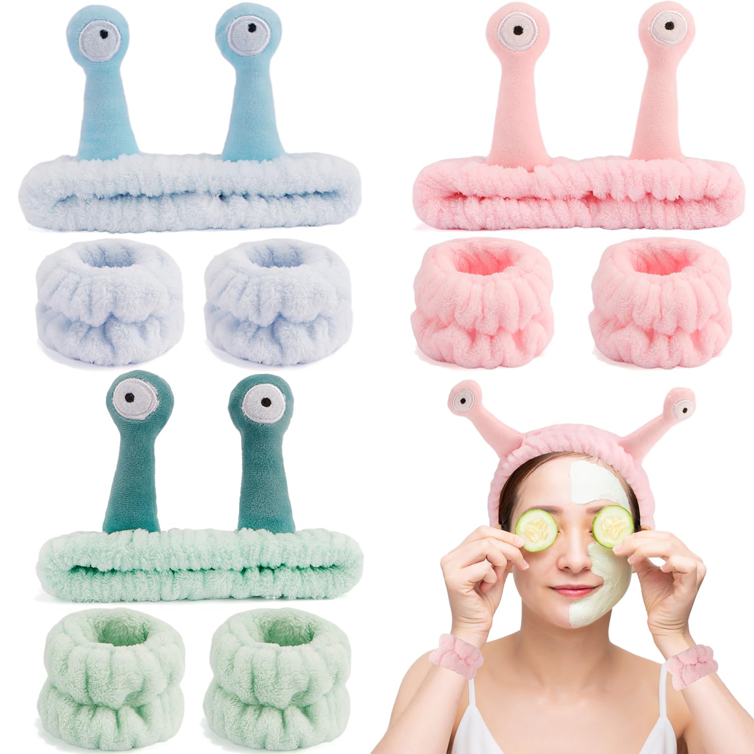 SENSORY HERO 9 Pcs Skincare Headbands Set | Snail / Alien Spa Headband, Face Wash Wristbands | Cute Makeup Hair Band for Washing Face and Shower