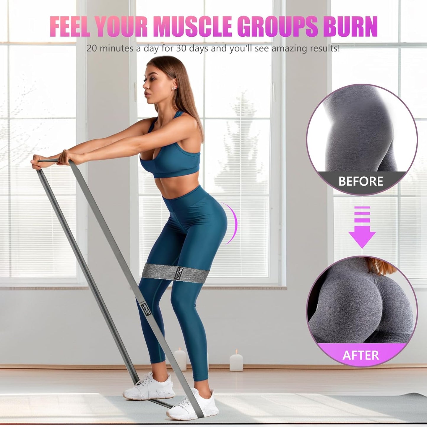 FEEL THE BURN Fabric Resistance Band Set for Working Out - 3 Pcs Pull up Bands and 3 Pcs Assistance Bands with Door Anchor for Legs, Glutes, Hip 