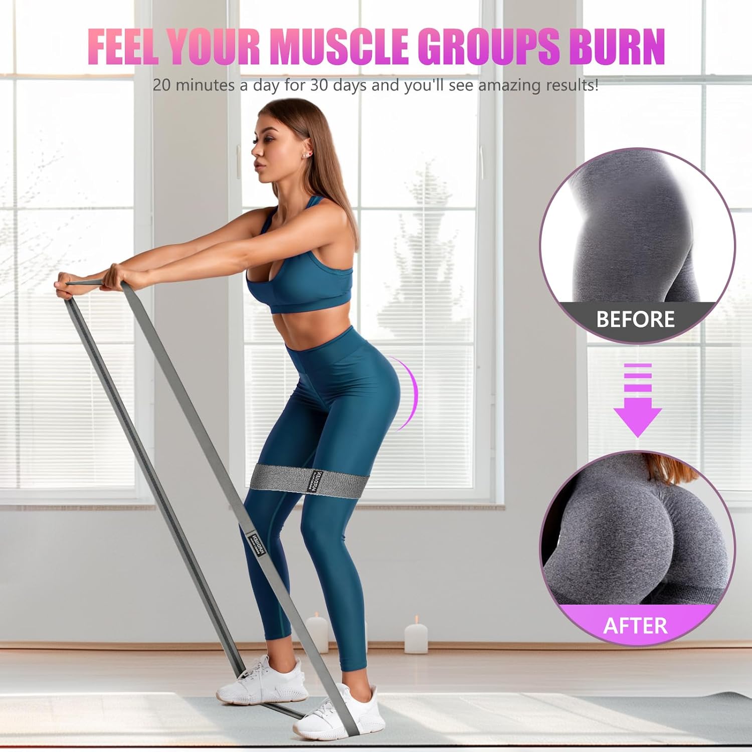 FEEL THE BURN Fabric Resistance Band Set for Working Out - 3 Pcs Pull up Bands and 3 Pcs Assistance Bands with Door Anchor for Legs, Glutes, Hip 