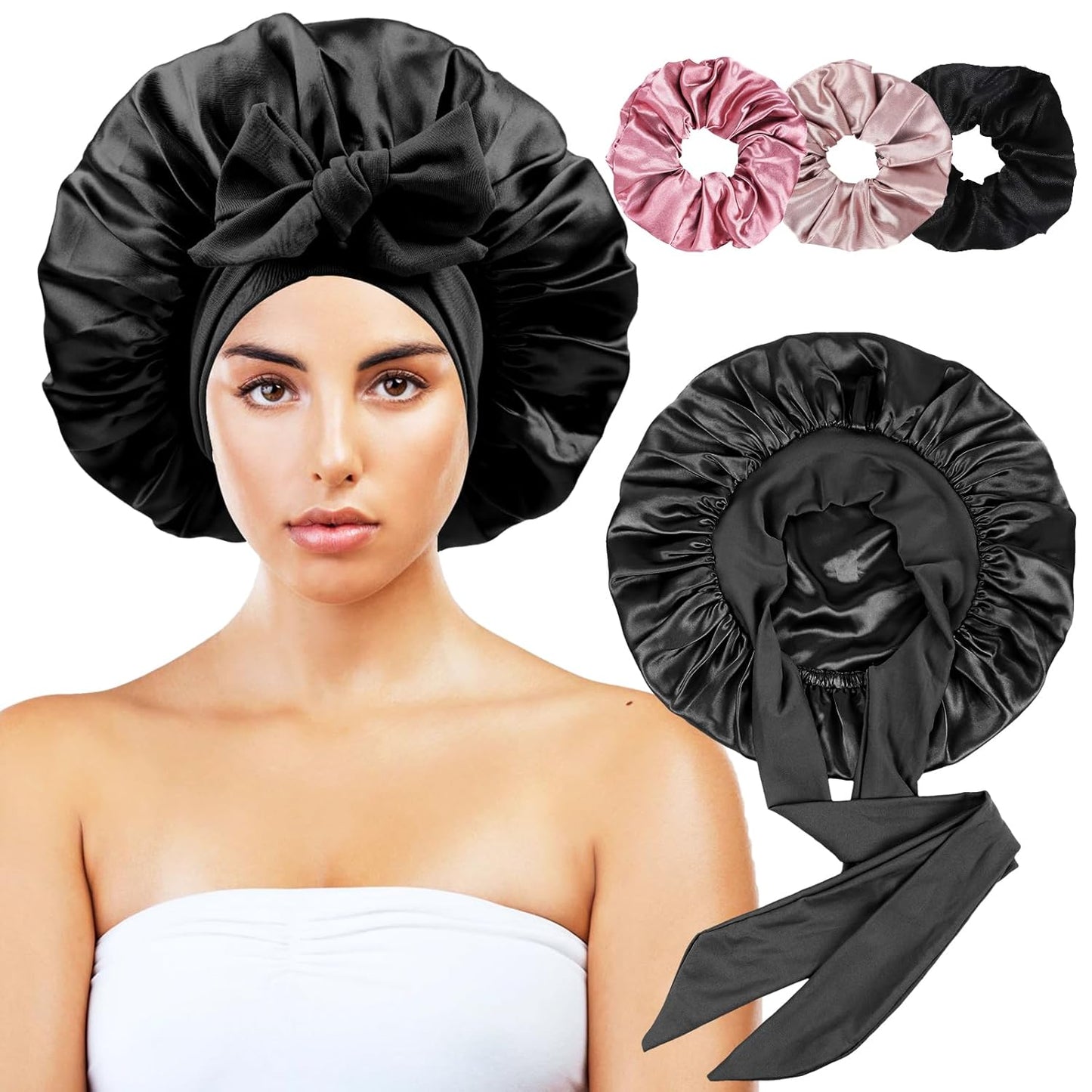 Satin Bonnet with security loop, 3 Scrunchies, Double Layer, (Natural Hair, Braids, Long Hair) 