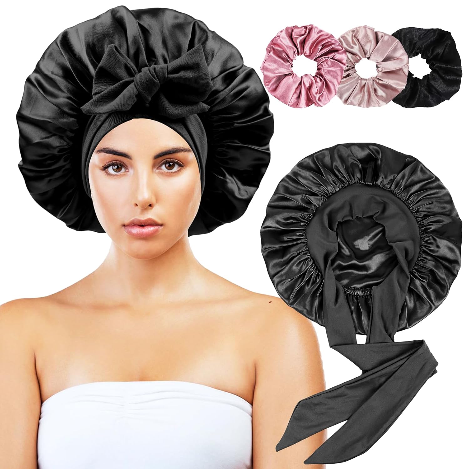 Satin Bonnet with security loop, 3 Scrunchies, Double Layer, (Natural Hair, Braids, Long Hair) 