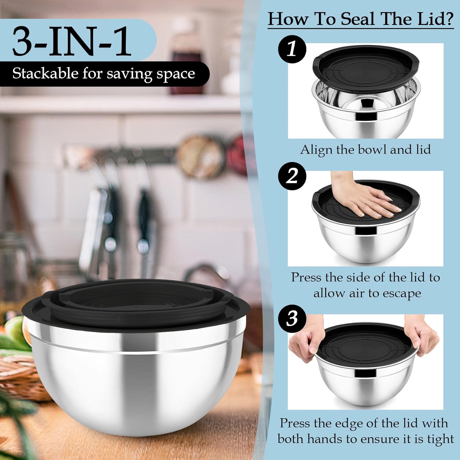 MEAL PREP PRO Mixing Bowls, Stainless Steel Nesting Salad Bowls with Lids Set of 3 & 3 Grater Attachments, for Mixing/Serving/Storing, Non-Toxic & Long-Lasting, Size 4.6/3 / 1.5 QT, Black
