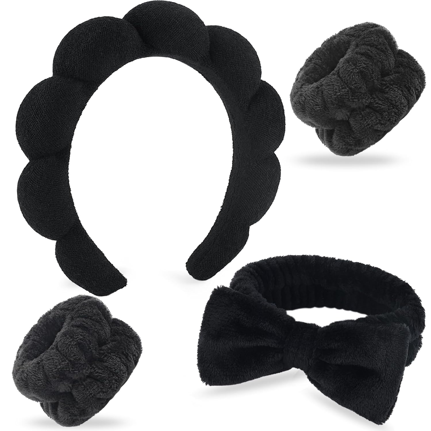 NO MORE DROPLETS 4Pcs Spa Headband for Washing Face | Wristbands Set Bubble Skincare Terry Cloth Padded, Puffy Headband, Bow Tie Hairband | Cute Non Slip Thick Hair Accessory