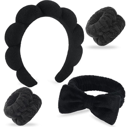 NO MORE DROPLETS 4Pcs Spa Headband for Washing Face | Wristbands Set Bubble Skincare Terry Cloth Padded, Puffy Headband, Bow Tie Hairband | Cute Non Slip Thick Hair Accessory