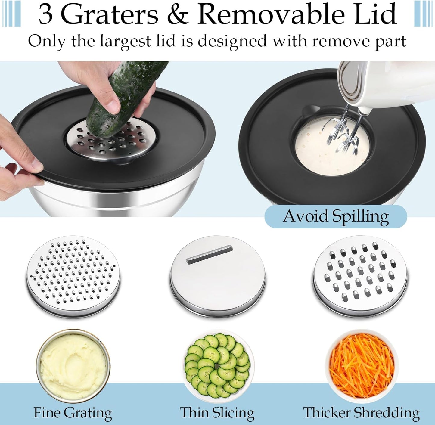 MEAL PREP PRO Mixing Bowls, Stainless Steel Nesting Salad Bowls with Lids Set of 3 & 3 Grater Attachments, for Mixing/Serving/Storing, Non-Toxic & Long-Lasting, Size 4.6/3 / 1.5 QT, Black
