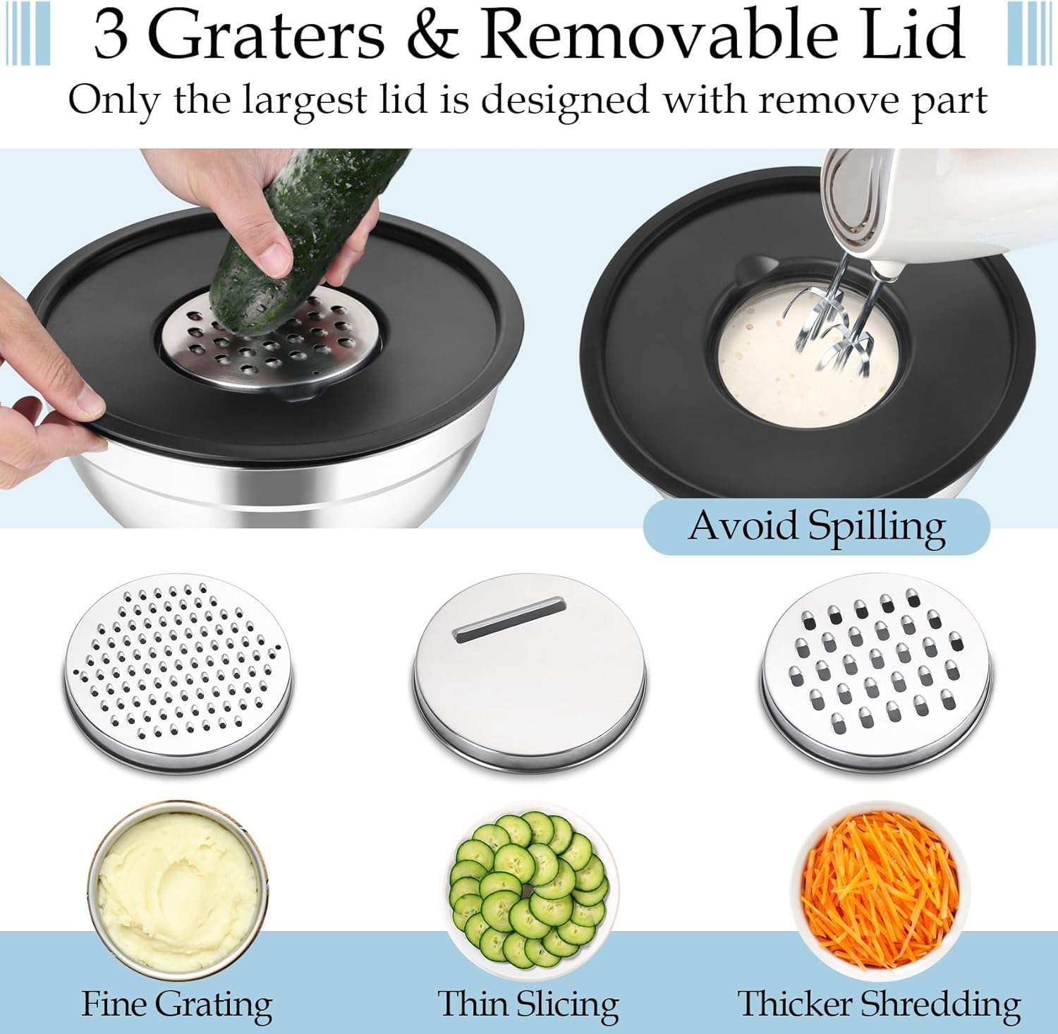MEAL PREP PRO Mixing Bowls, Stainless Steel Nesting Salad Bowls with Lids Set of 3 & 3 Grater Attachments, for Mixing/Serving/Storing, Non-Toxic & Long-Lasting, Size 4.6/3 / 1.5 QT, Black