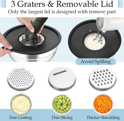 MEAL PREP PRO Mixing Bowls, Stainless Steel Nesting Salad Bowls with Lids Set of 3 & 3 Grater Attachments, for Mixing/Serving/Storing, Non-Toxic & Long-Lasting, Size 4.6/3 / 1.5 QT, Black