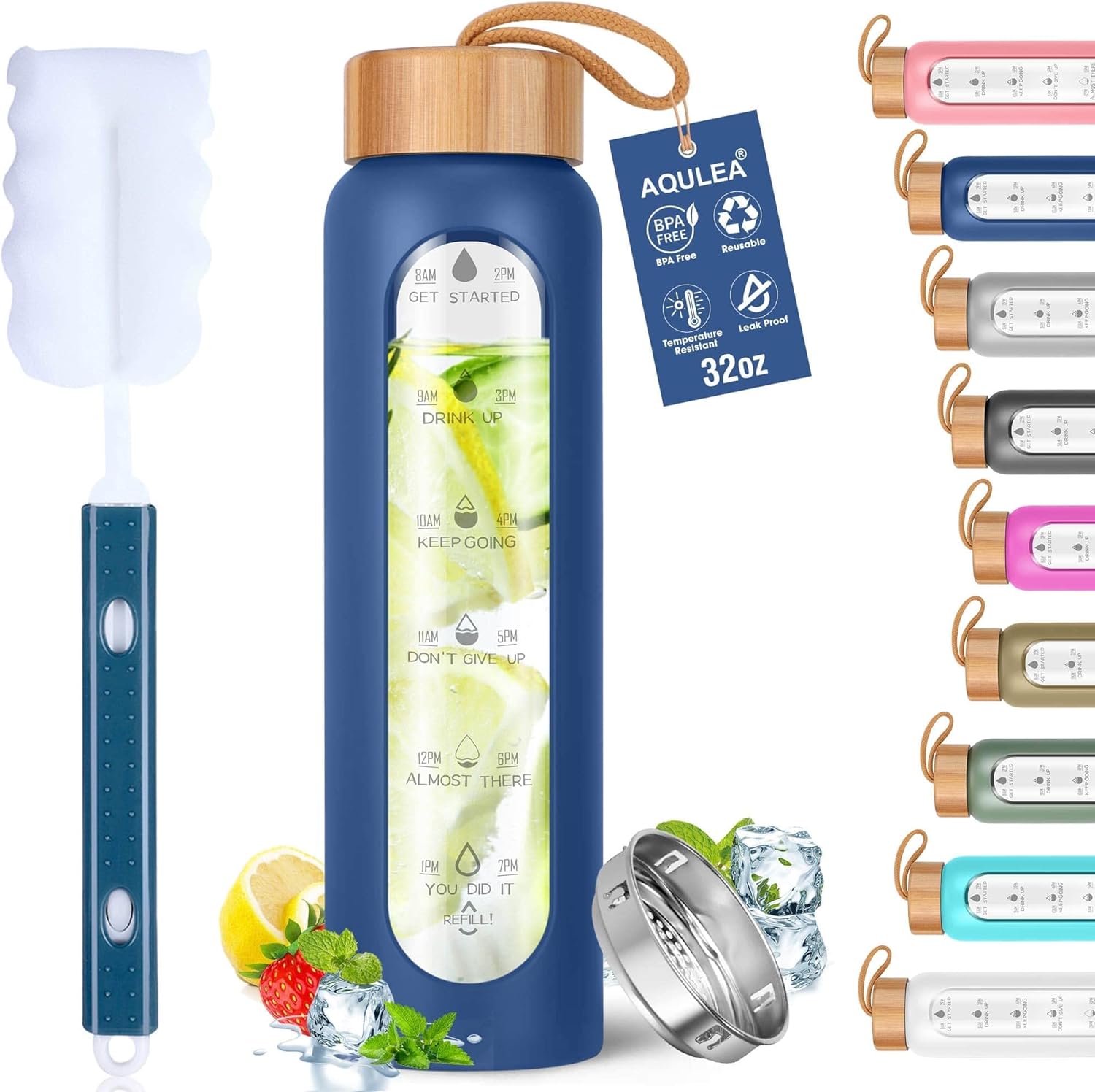 32 Oz Water Bottle with Silicone Sleeve - BPA Free, Reusable, Wide Mouth, Motivational, Leak Proof Borosilicate, Time Marker and Fruit Infuser
