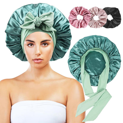 Satin Bonnet with security loop, 3 Scrunchies, Double Layer, (Natural Hair, Braids, Long Hair) 
