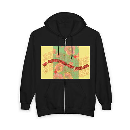 Floral Mental Health Zip Hoodie — "No Repressing, Just Feeling" Tropical Floral Full-Zip Sweatshirt