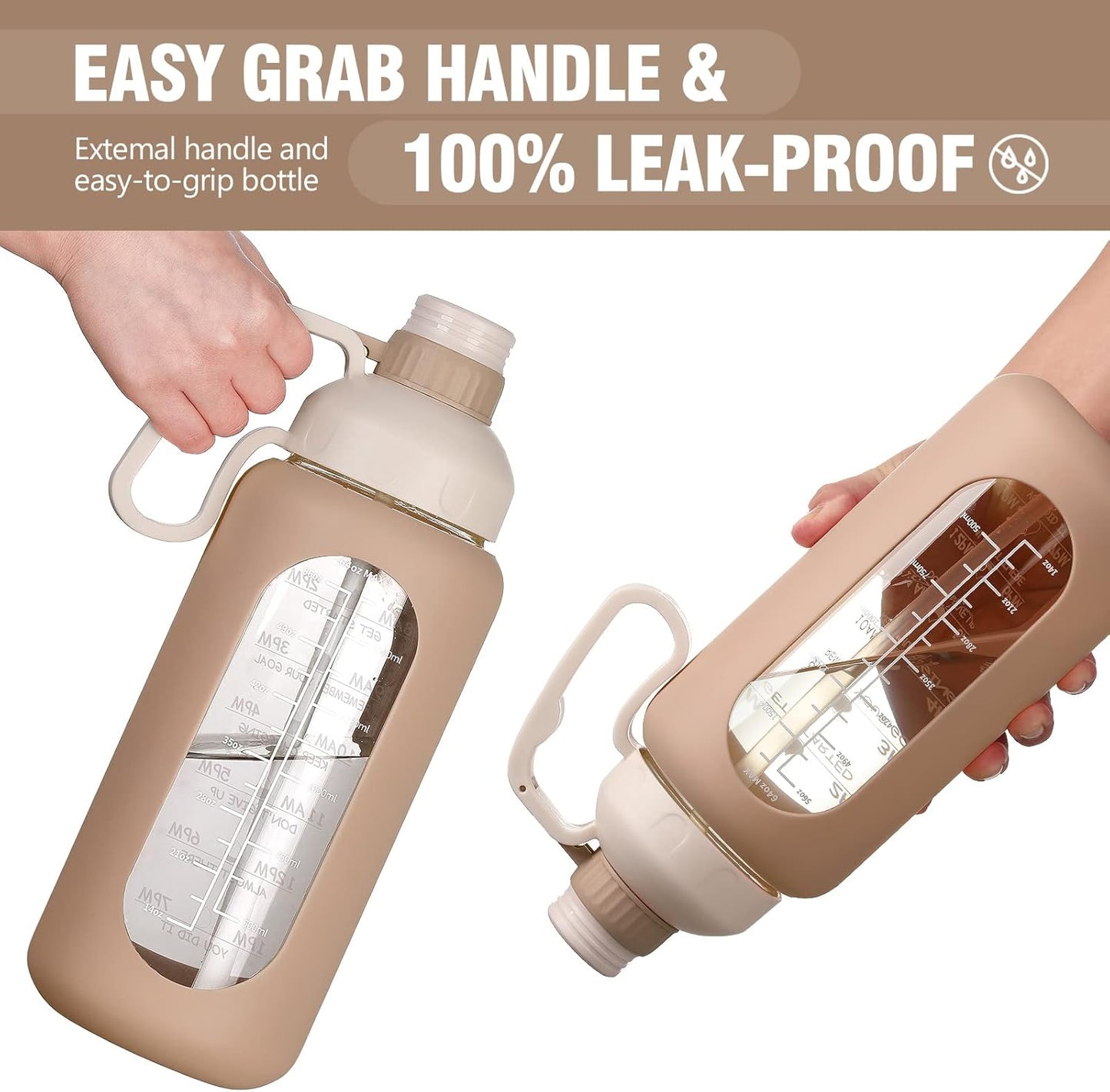 64Oz Motivational Glass Water Bottle with Time Marker, Straw, and Silicone Sleeves