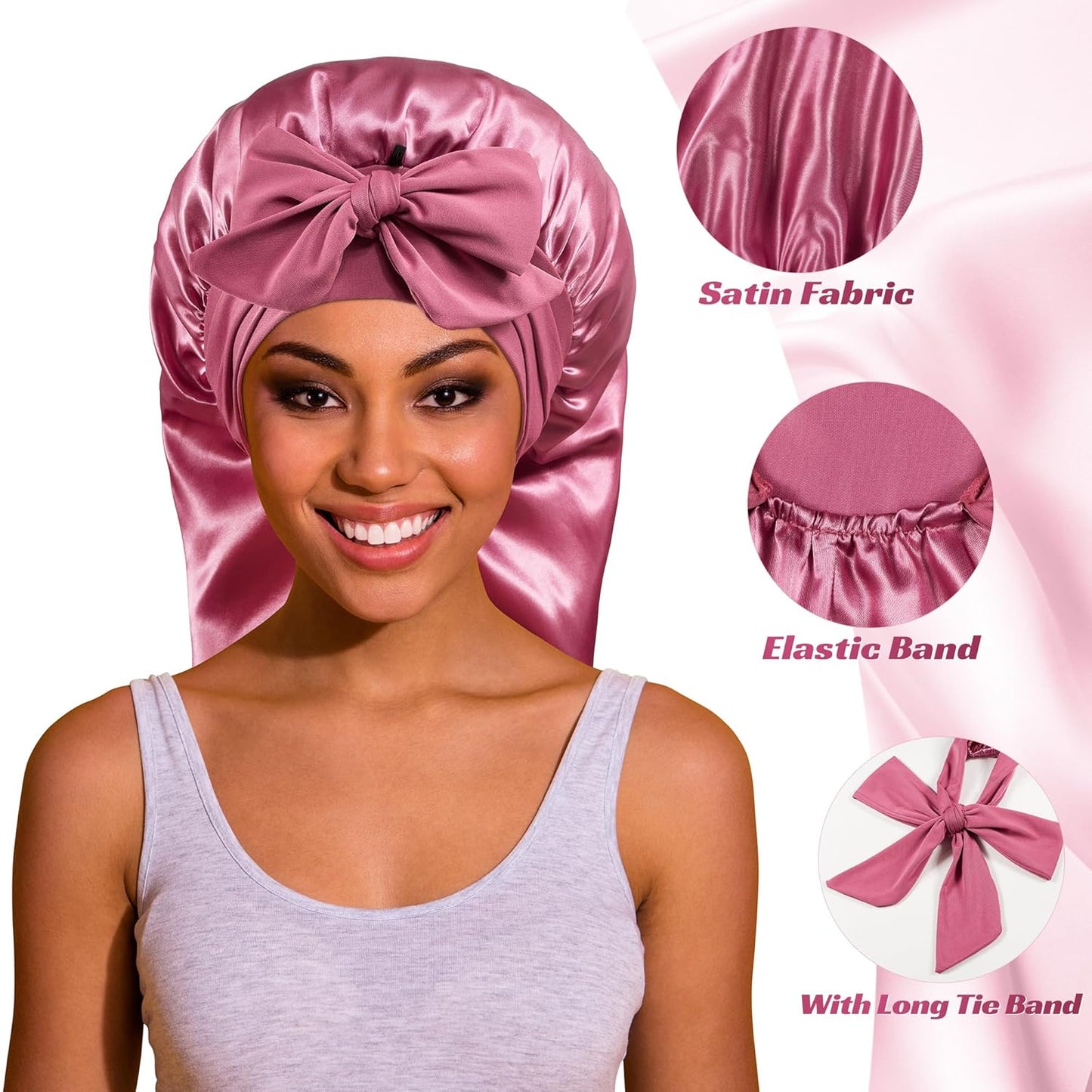 Long Bonnet Satin/Silk with Tie Band for Protective hairstyles or Natural hair