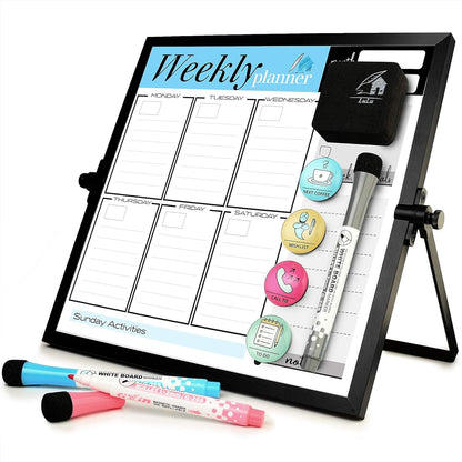 VISUALIZATION & PRODUCTIVITY ERA 101 Small Desktop White Board with Weekly Planner | Magnetic to Do List Dry Erase Board Calendar with Stand | 3 Markers, 4 Magnets, Eraser | Portable Whiteboard