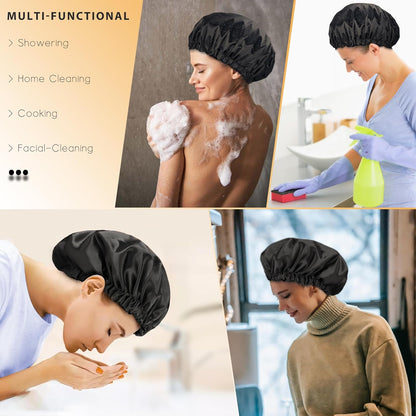 Silk Shower Cap Reusable-Double Layer & Lined, Waterproof, Washable & Adjustable (All Hair Styles)