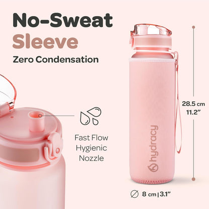 32oz Water Bottle with Time Marker -BPA Free & No Sweat Sleeve - Fruit Infuser Strainer & Times to Drink 
