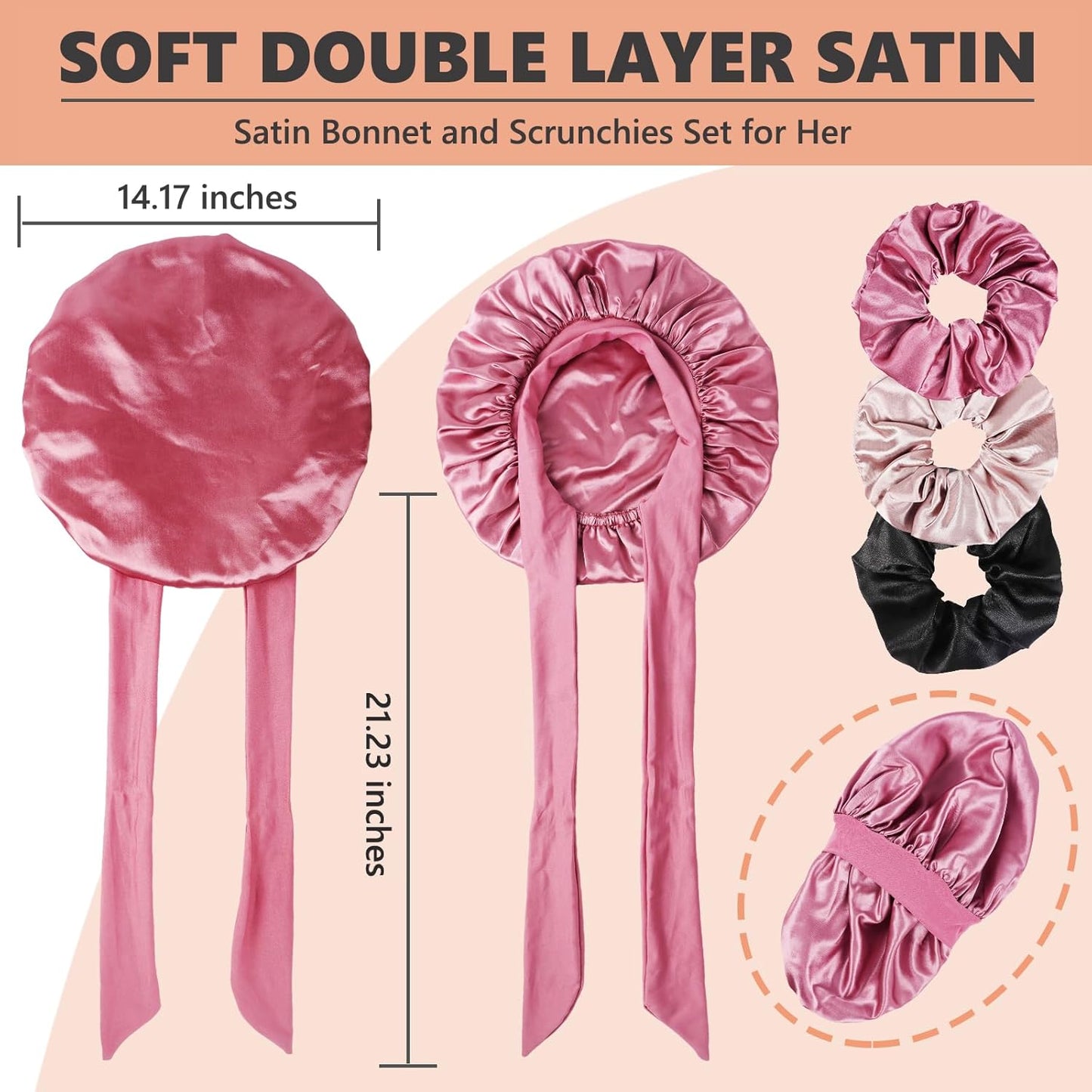 Satin Bonnet with security loop, 3 Scrunchies, Double Layer, (Natural Hair, Braids, Long Hair) 