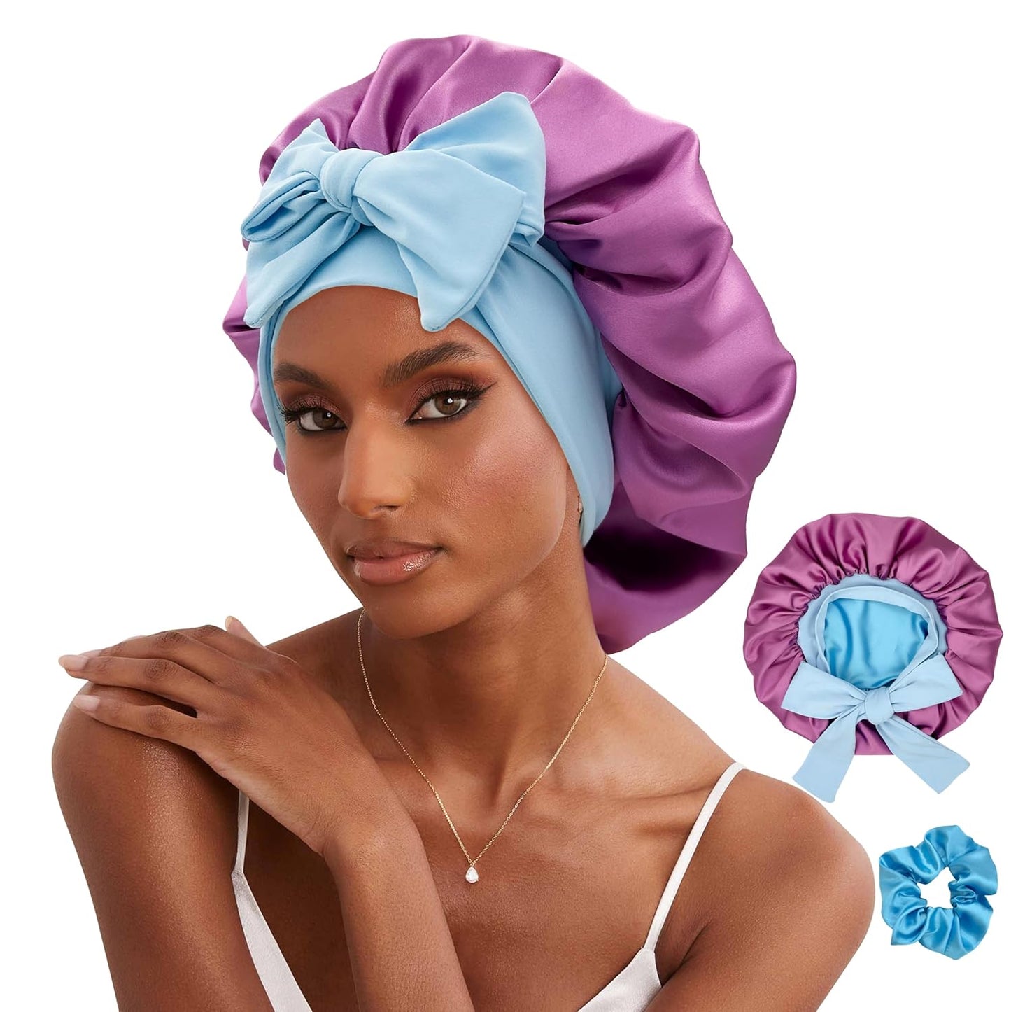 Reversible Double Layer Satin Hair Bonnet with Tie Band for Natural Hair (Includes Scrunchie)