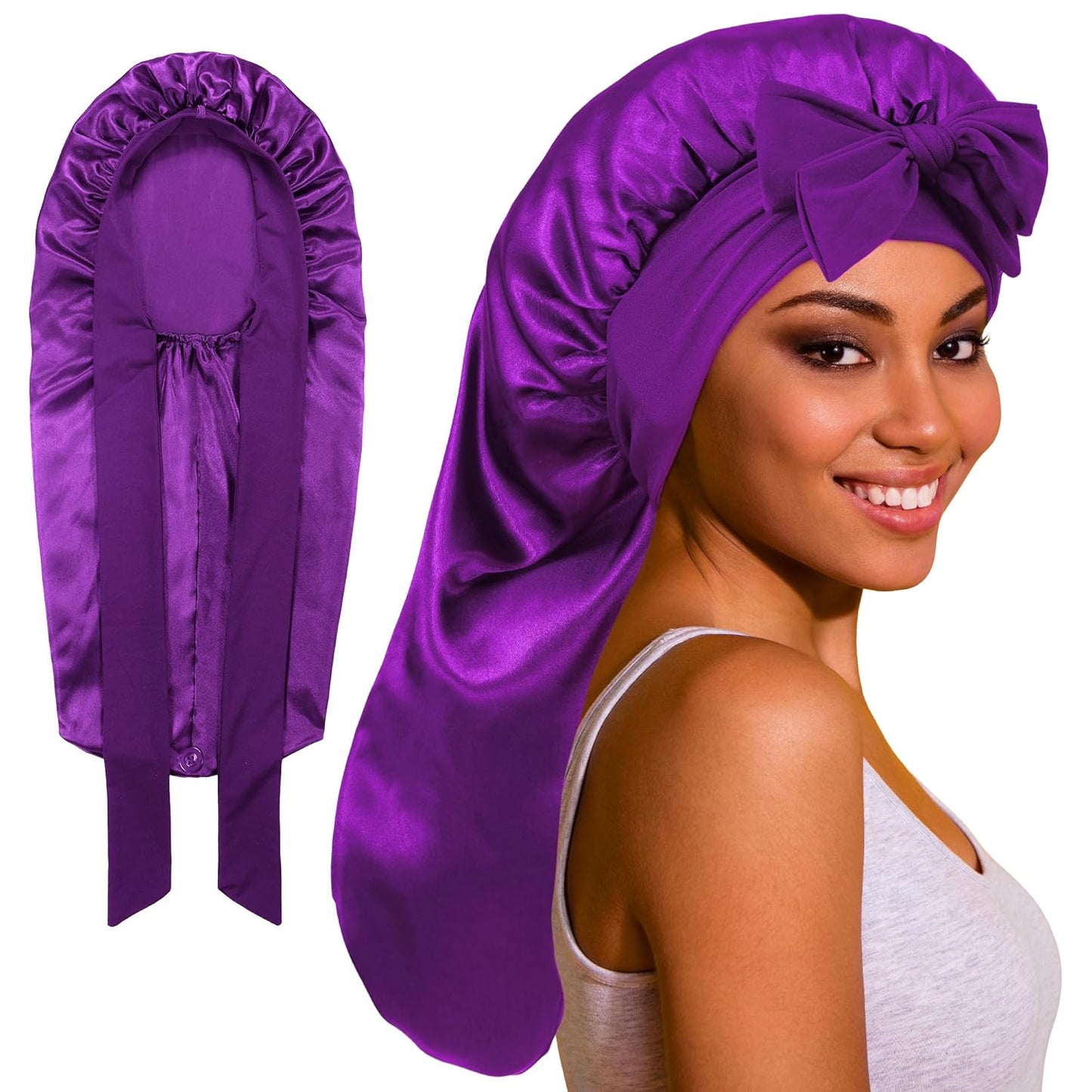 Long Bonnet Satin/Silk with Tie Band for Protective hairstyles or Natural hair