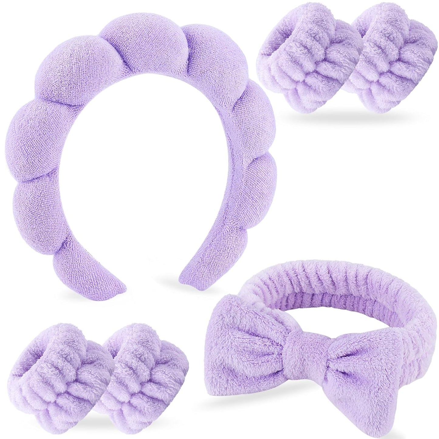 NO MORE DROPLETS 4Pcs Spa Headband for Washing Face | Wristbands Set Bubble Skincare Terry Cloth Padded, Puffy Headband, Bow Tie Hairband | Cute Non Slip Thick Hair Accessory