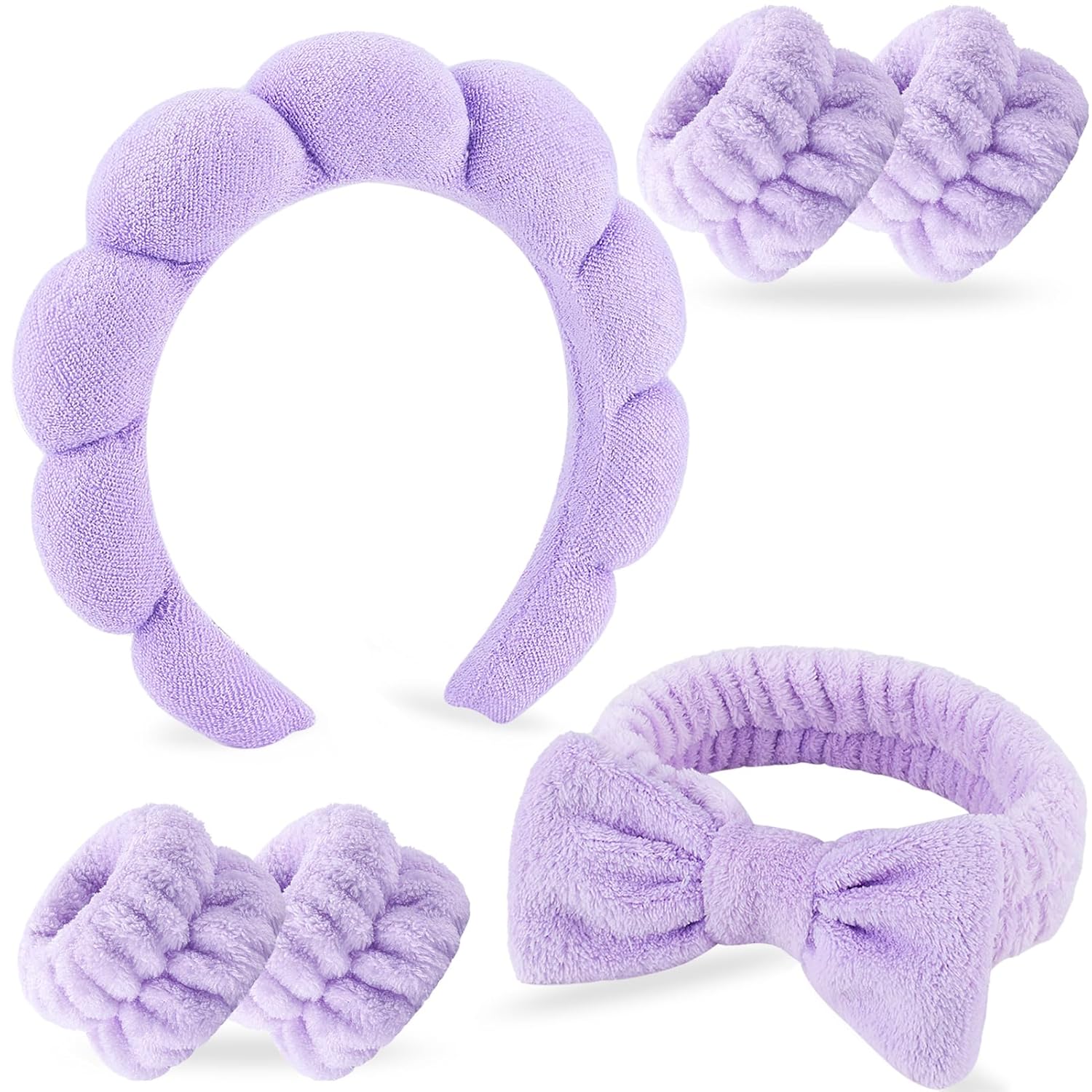 NO MORE DROPLETS 4Pcs Spa Headband for Washing Face | Wristbands Set Bubble Skincare Terry Cloth Padded, Puffy Headband, Bow Tie Hairband | Cute Non Slip Thick Hair Accessory