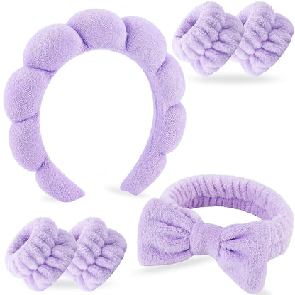 NO MORE DROPLETS 4Pcs Spa Headband for Washing Face | Wristbands Set Bubble Skincare Terry Cloth Padded, Puffy Headband, Bow Tie Hairband | Cute Non Slip Thick Hair Accessory