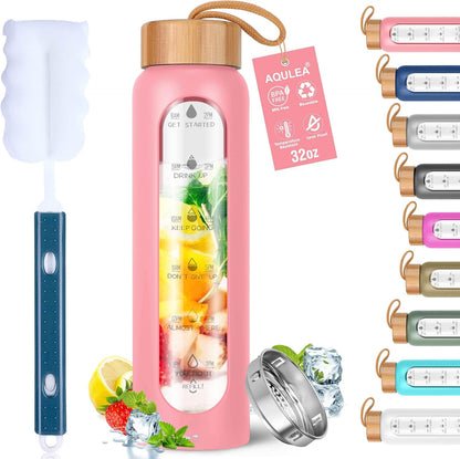 32 Oz Water Bottle with Silicone Sleeve - BPA Free, Reusable, Wide Mouth, Motivational, Leak Proof Borosilicate, Time Marker and Fruit Infuser