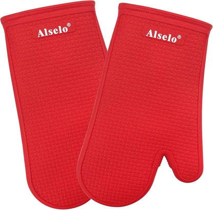 MEAL PREP BASICS Silicone Oven Mitts Heat Resistant 550 Degree | Extra Long Kitchen Gloves Pot Holders with Waterproof and Non-Slip | Baking Cooking Barbecue Microwave Machine Washable