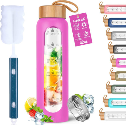 32 Oz Water Bottle with Silicone Sleeve - BPA Free, Reusable, Wide Mouth, Motivational, Leak Proof Borosilicate, Time Marker and Fruit Infuser