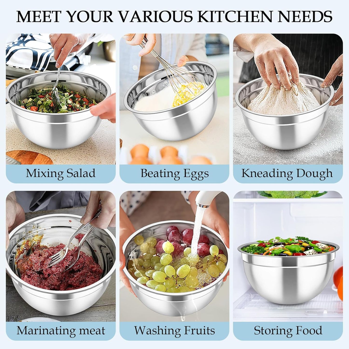 MEAL PREP PRO Mixing Bowls, Stainless Steel Nesting Salad Bowls with Lids Set of 3 & 3 Grater Attachments, for Mixing/Serving/Storing, Non-Toxic & Long-Lasting, Size 4.6/3 / 1.5 QT, Black