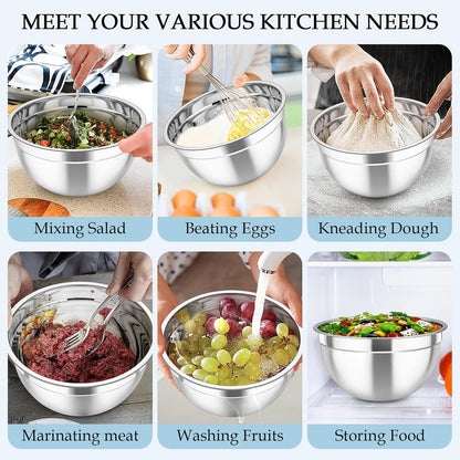 MEAL PREP PRO Mixing Bowls, Stainless Steel Nesting Salad Bowls with Lids Set of 3 & 3 Grater Attachments, for Mixing/Serving/Storing, Non-Toxic & Long-Lasting, Size 4.6/3 / 1.5 QT, Black