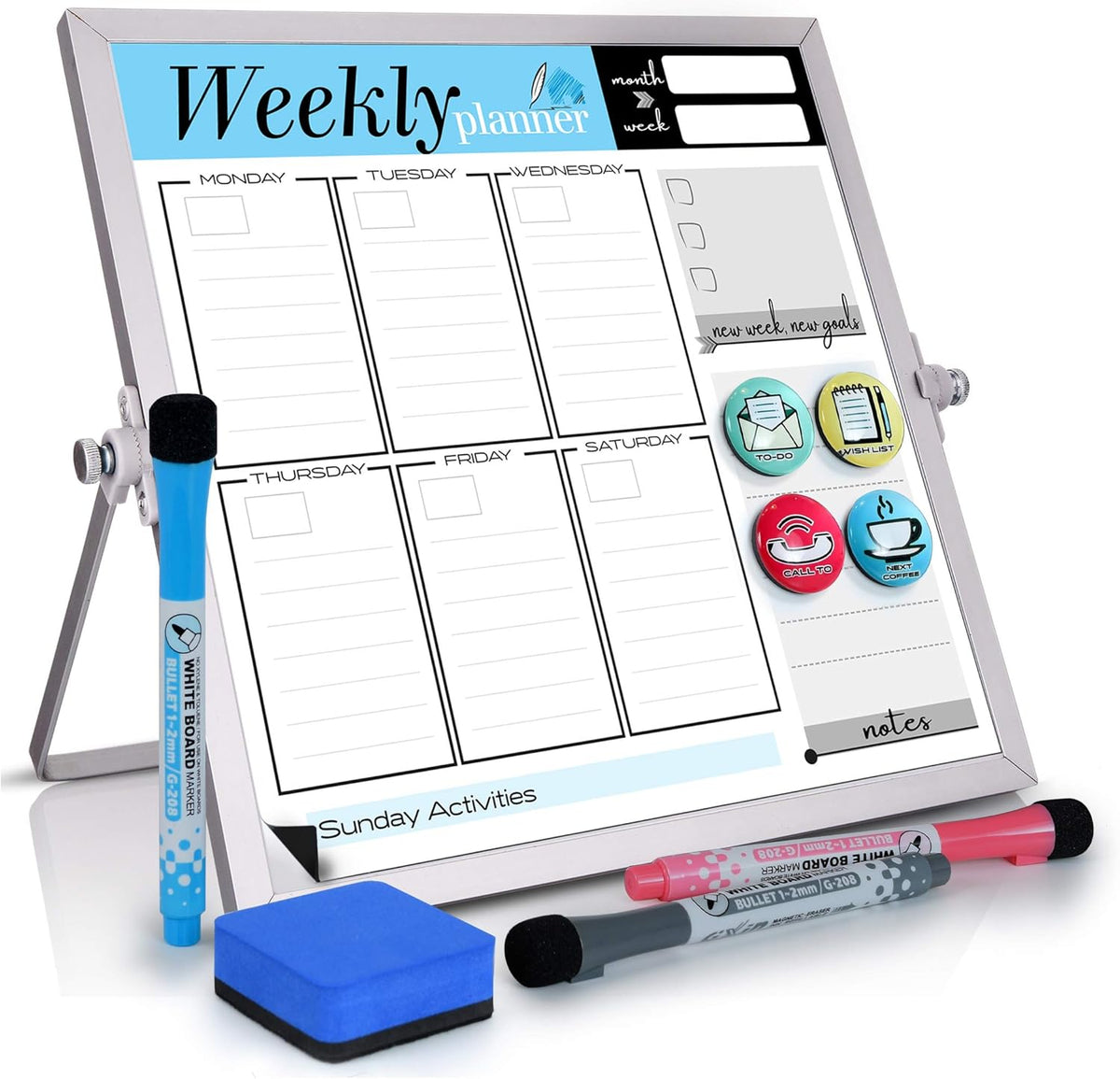 VISUALIZATION & PRODUCTIVITY ERA 101 Small Desktop White Board with Weekly Planner | Magnetic to Do List Dry Erase Board Calendar with Stand | 3 Markers, 4 Magnets, Eraser | Portable Whiteboard