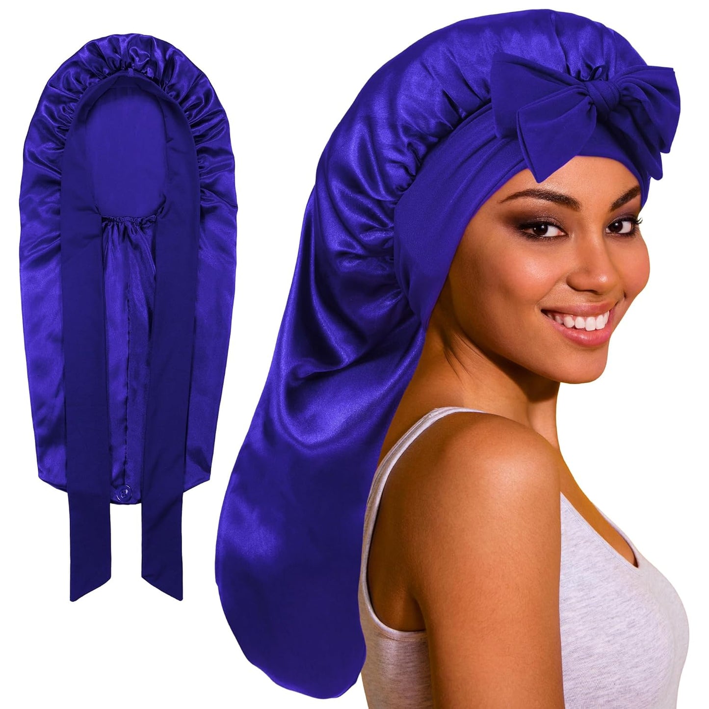 Long Bonnet Satin/Silk with Tie Band for Protective hairstyles or Natural hair