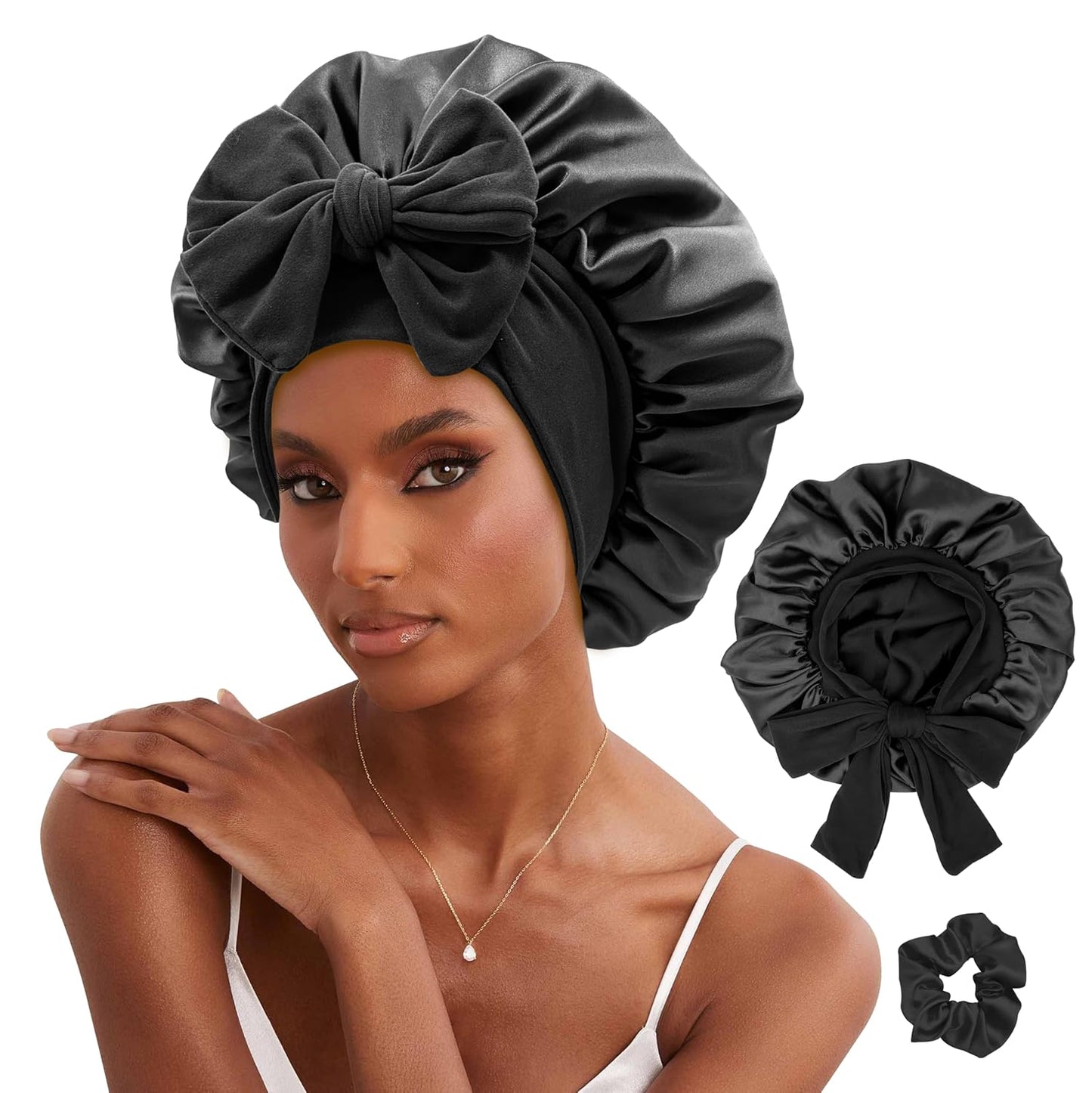 Reversible Double Layer Satin Hair Bonnet with Tie Band for Natural Hair (Includes Scrunchie)