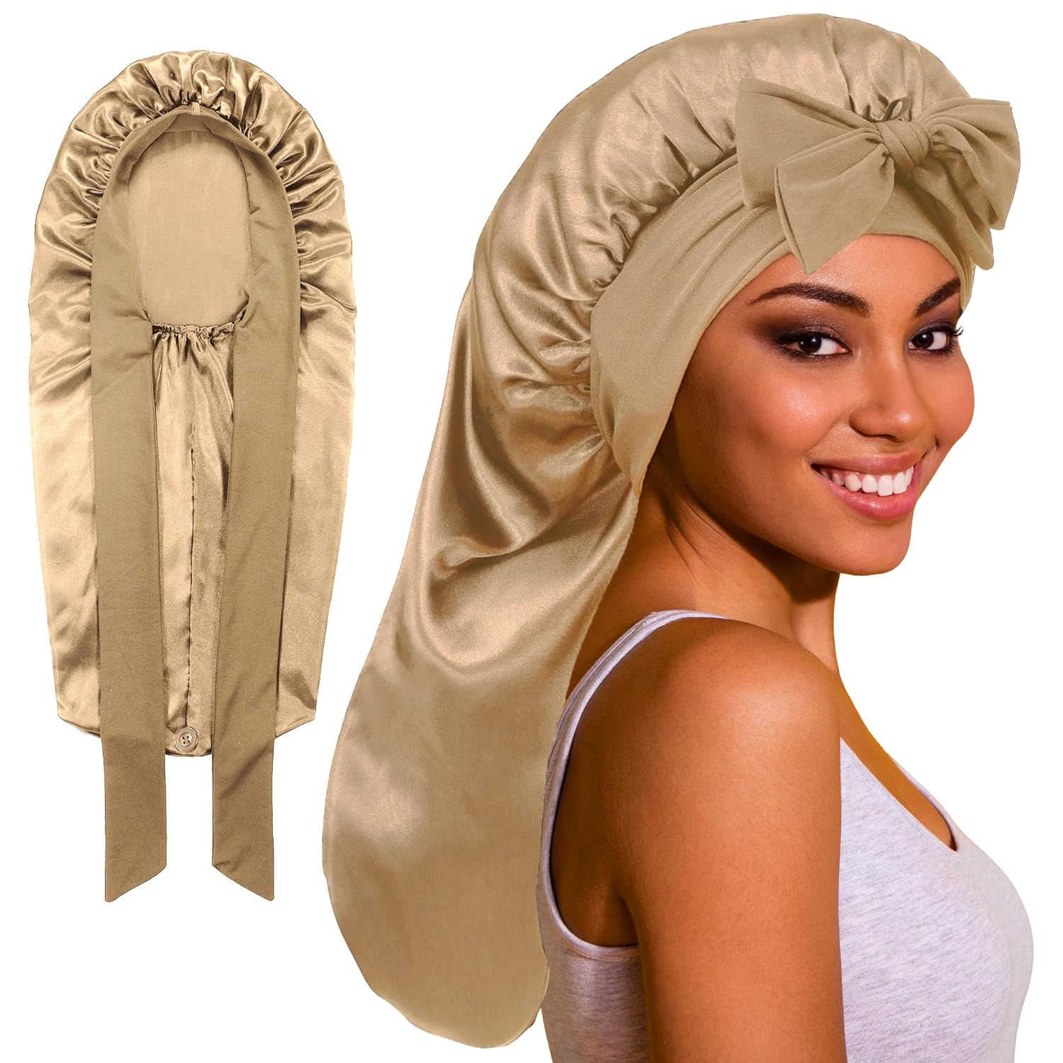 Long Bonnet Satin/Silk with Tie Band for Protective hairstyles or Natural hair