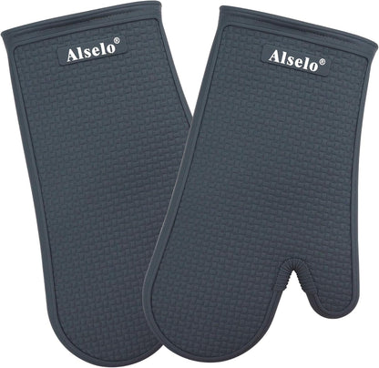 MEAL PREP BASICS Silicone Oven Mitts Heat Resistant 550 Degree | Extra Long Kitchen Gloves Pot Holders with Waterproof and Non-Slip | Baking Cooking Barbecue Microwave Machine Washable