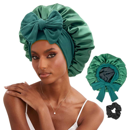 Reversible Double Layer Satin Hair Bonnet with Tie Band for Natural Hair (Includes Scrunchie)