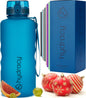 Large BPA Free Water Bottle & No Sweat Sleeve with Time Marker, Fruit Infuser, Strainer