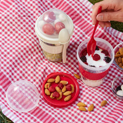 MEAL PREP BASICS ~ Yogurt Parfait Cups for Breakfast, Oatmeal or Fruit Container, Snack Bowl and Spoon for Lunch Box, Portable & Reusable, 2 Pcs (Red & Cream)