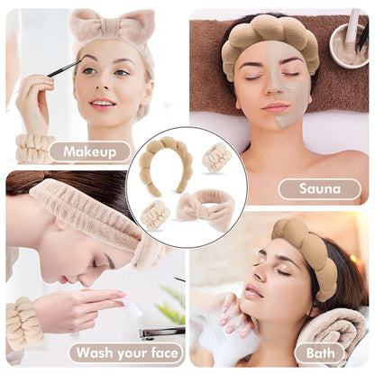 NO MORE DROPLETS 4Pcs Spa Headband for Washing Face | Wristbands Set Bubble Skincare Terry Cloth Padded, Puffy Headband, Bow Tie Hairband | Cute Non Slip Thick Hair Accessory