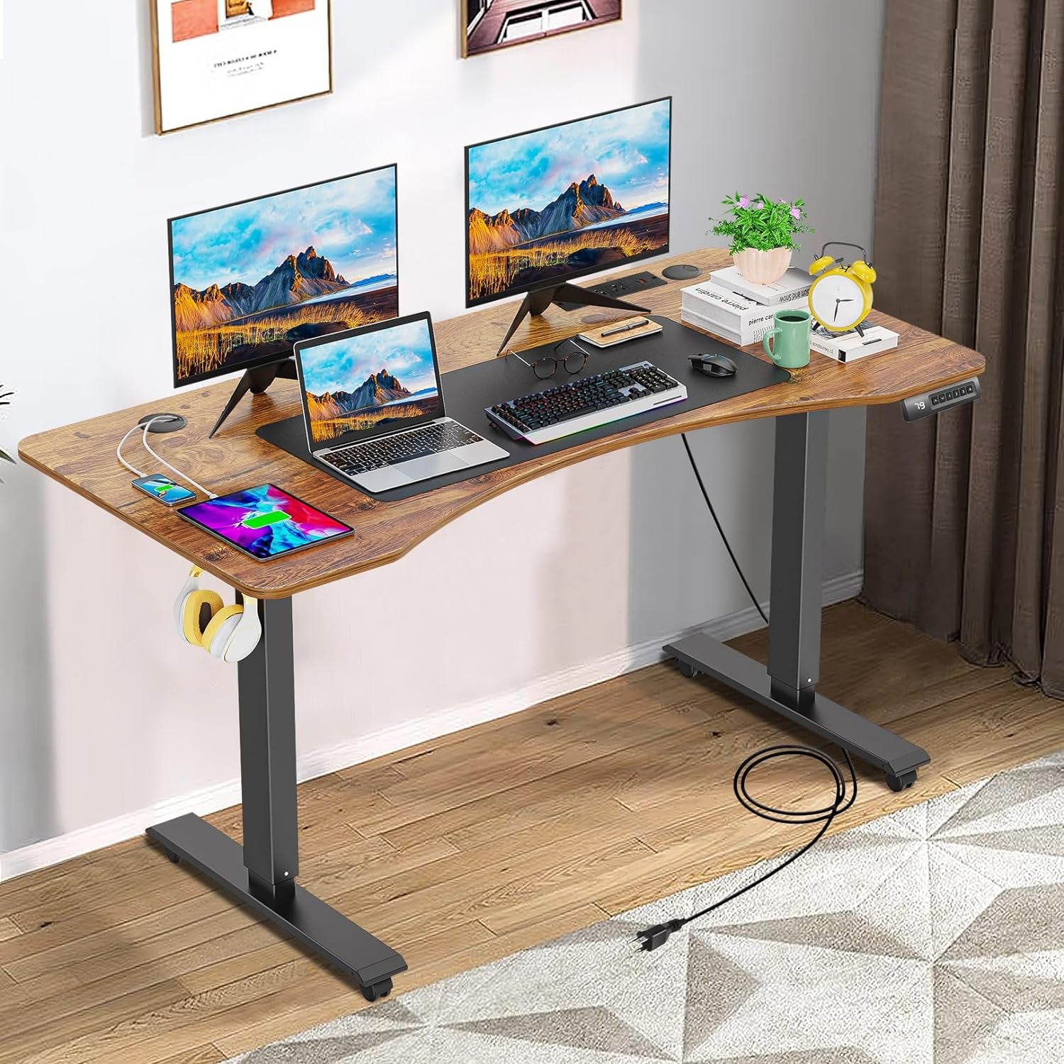 HAVE IT ALL Standing Desk Electric | Adjustable Height with Charging Station| Stand up Desk with Oversized Mouse Pad | Ergonomic Curved Workstation, 4 Caster | 4 Preset Heights Easy to Set Up