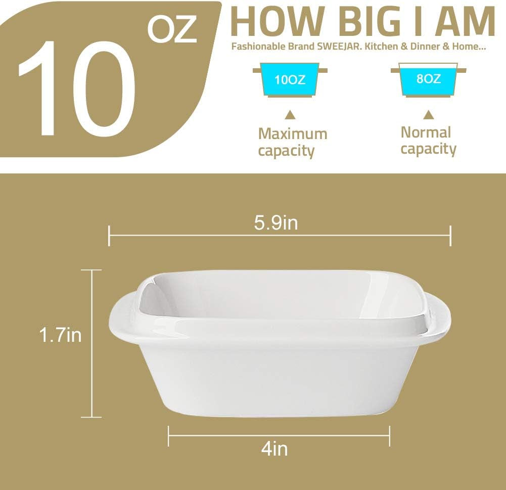 YOU, A WHOLE CHEF, Porcelain 10Oz Square Ramekins (SET of 6) with Handle for Baking, Souffle Dishes, Sauce Dishes, Dipping Bowls Stackable