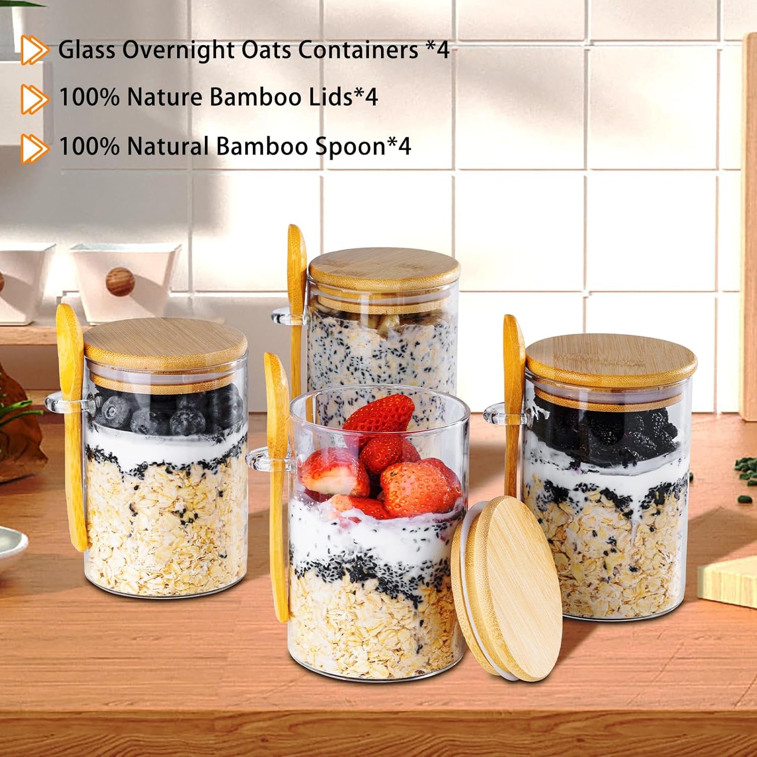 MEAL PREP BASICS ~ Overnight Oats Containers with Lids,16Oz Overnight Oats Jars 4 Pack, Oatmeal Cups,Meal Prep Containers,Glass Meal Prep Containers with Lids,China Pudding Jars